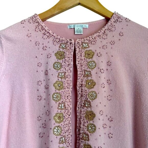 Vintage Women Petite M Sweater Cardigan Pink Gold Beaded Ornate Sparkle Jacket - Picture 3 of 11
